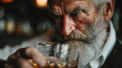 An introspective elderly man gazes thoughtfully at a glass of whiskey, capturing a moment of reflection in a warm, inviting pub atmosphere.