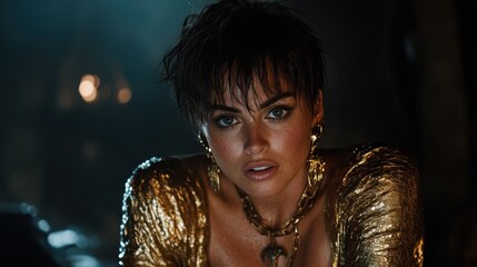 A striking woman with a powerful gaze embodies boldness and artistry with her unique style, emphasizing individuality and self-expression in a captivating setting.