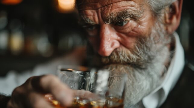 An introspective elderly man gazes thoughtfully at a glass of whiskey, capturing a moment of reflection in a warm, inviting pub atmosphere. - Powered by Adobe