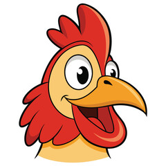 Cartoon rooster smiles with expressive eyes and a vivid red comb in striking clarity