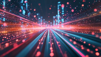 Digital landscape with glowing data streams symbolizing speed and precision in navigating complex networks Vibrant light trails and depth of field create an immersive futuristic atmosphere