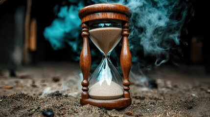 A wooden hourglass with sand inside, surrounded by smoke.