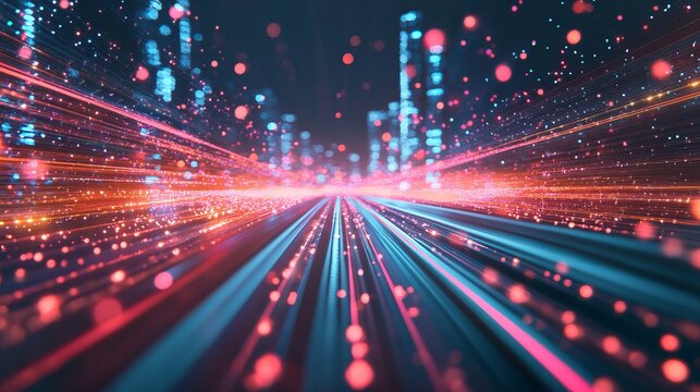 Digital landscape with glowing data streams symbolizing speed and precision in navigating complex networks Vibrant light trails and depth of field create an immersive futuristic atmosphere
