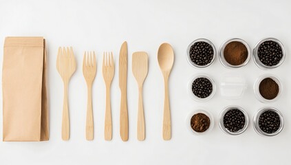 Eco Friendly Disposable Bamboo Cutlery Set with Coffee Beans and Grounds in Jars