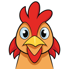 Cartoon chicken with bright eyes and feathers looks directly forward in a friendly manner