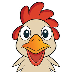 Cheerful cartoon chicken with a bright red comb smiles openly against a white background