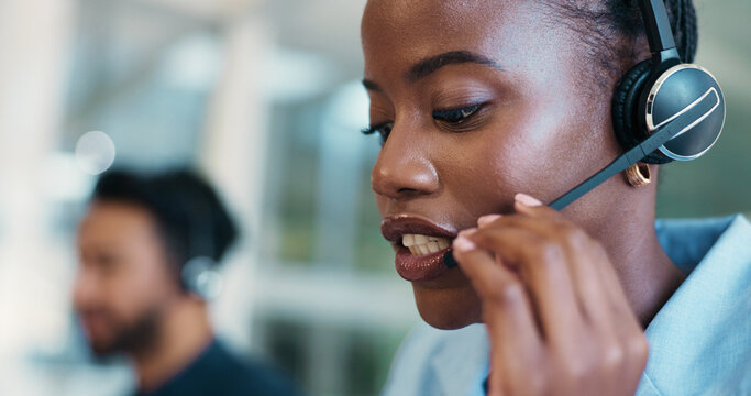 Call center, mic or woman consultant with headset for communication, consulting or loan advice. Virtual assistant, financial advisor or coworking in chat for feedback, online inquiry or credit limit