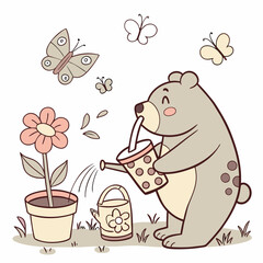 Cute SVG of a Excited Bear in Spring Garden colors, featuring with a bubble tea in a Spring garden setting