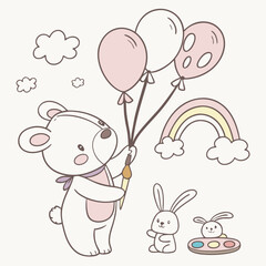 Playful Gentle Bear design, styled with holding a paintbrush and Soft Pastel shades in a Soft pastel setting