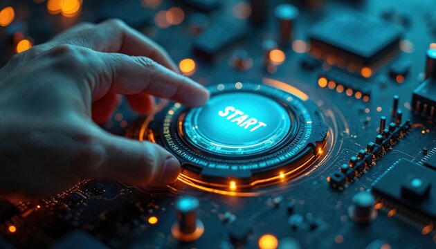 Human hand presses illuminated start button, beginning process in tech. Futuristic design, digital interface, glowing light. Modern device, online start, innovative technology. Press to activate