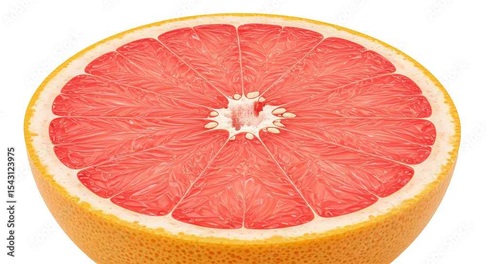 Poster detailed cross-section of a vibrant red grapefruit with seeds and juicy segments
