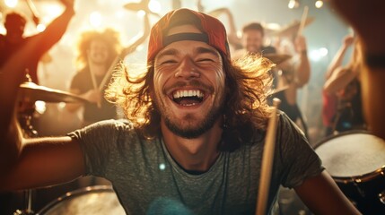 A lively scene of a drummer with long hair passionately performing on stage in front of an enthusiastic crowd, embodying the spirit of live music and vibrant energy.