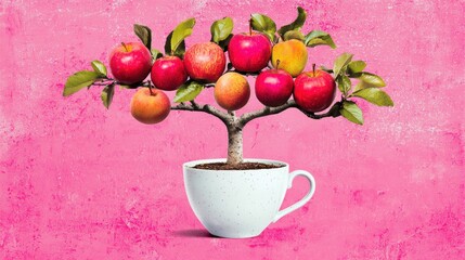 A white cup with a red apple tree growing out of it.