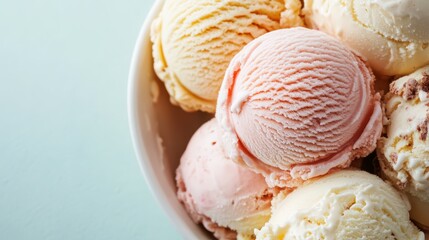 A tempting assortment of colorful ice cream scoops presented in a bowl, inviting you to indulge in a delightful frozen treat on a warm day.
