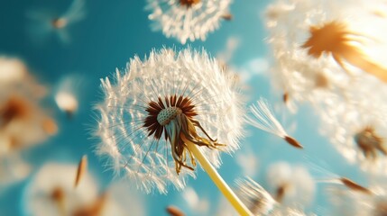 An enchanting close-up view of dandelion seeds gently drifting in the air encapsulates a sense of wonder, freedom, and the beauty of nature in its fragile and fleeting moment.
