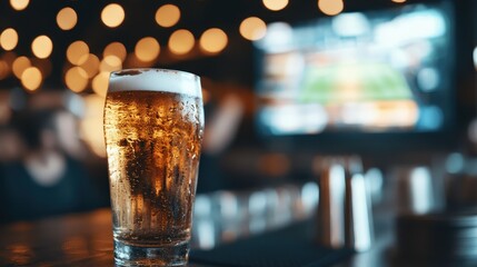 A frothy glass of beer sits on a wooden bar counter, perfectly capturing the essence of social gatherings, relaxation, and the enjoyment of a vibrant nightlife experience.