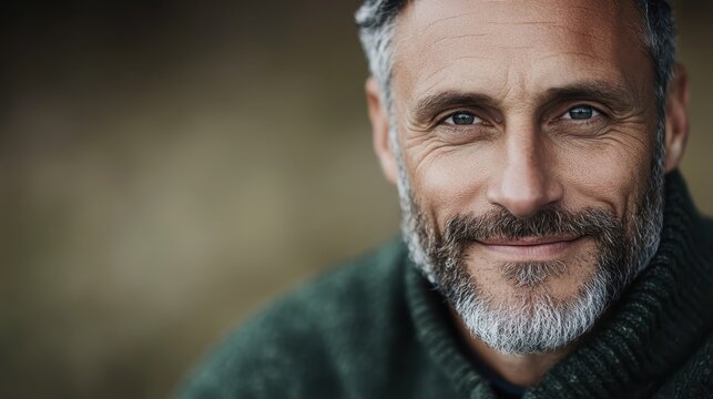 A close-up portrait of a mature man with a captivating smile and well-groomed beard highlights confidence, approachability and a serene expression against a blurred background.
