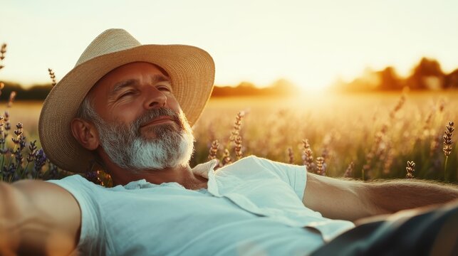 A content mature man wearing a straw hat reclines in a lavender field during sunset, radiating peace, relaxation, and a profound appreciation for the serene beauty of nature.