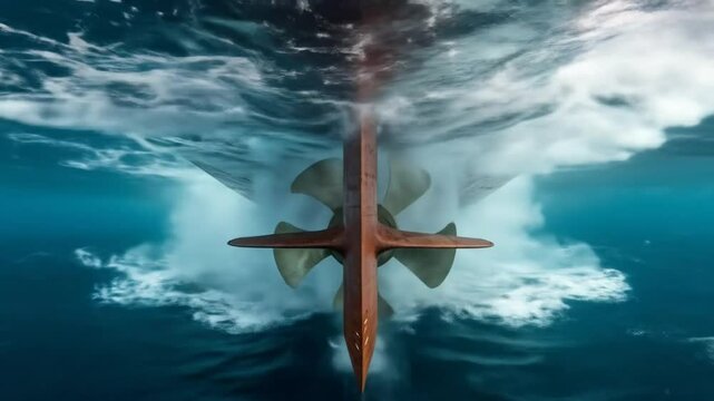 Closeup underwater view of ship propeller and hull with water spray