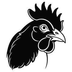 Black rooster head looks to the right with a fierce expression in monochrome