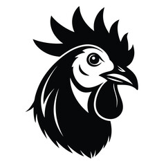 Stylized black chicken head faces left, displaying detailed feathers and sharp features