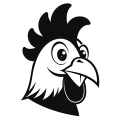 Black and white cartoon rooster head presents a friendly face and simple yet distinct style
