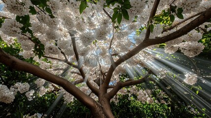 A tree with white flowers and green leaves.