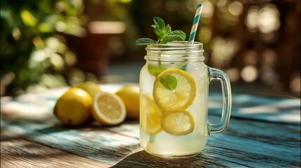 Refreshing summer drink in a mason jar with lemons and mint on a sunny day