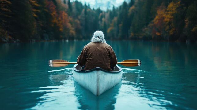 An elderly figure paddles slowly in a canoe across a tranquil lake surrounded by vibrant autumn foliage, showcasing the beauty of nature and tranquility.