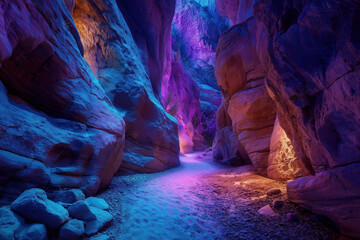 A beautiful photo of an open canyon at night with purple and blue lighting