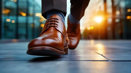 A close-up view of polished brown leather shoes in motion, walking along a pavement during sunset, creating a warm and inviting atmosphere with glowing light.
