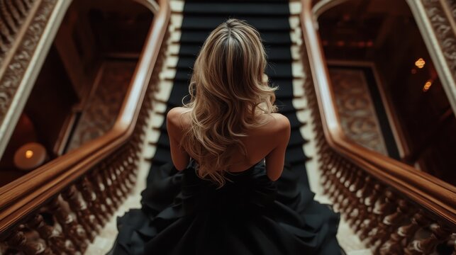An elegant woman dressed in a stunning black gown gracefully descends a grand staircase, embodying sophistication and luxury in an opulent setting.