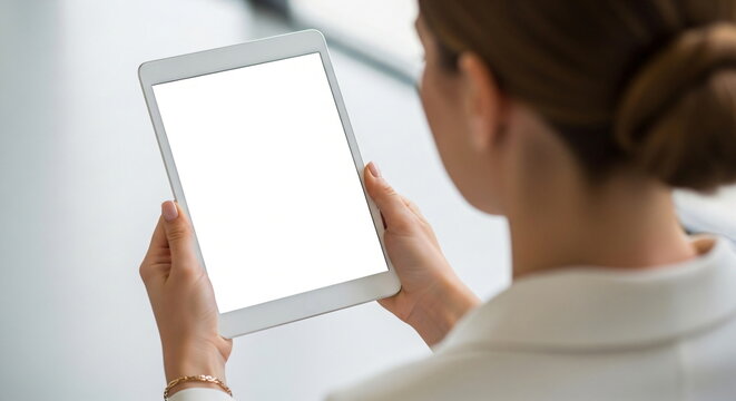 Woman holding a white digital tablet with a blank screen. Female user interacting with technology. Mockup for presentation or advertisement. - Powered by Adobe