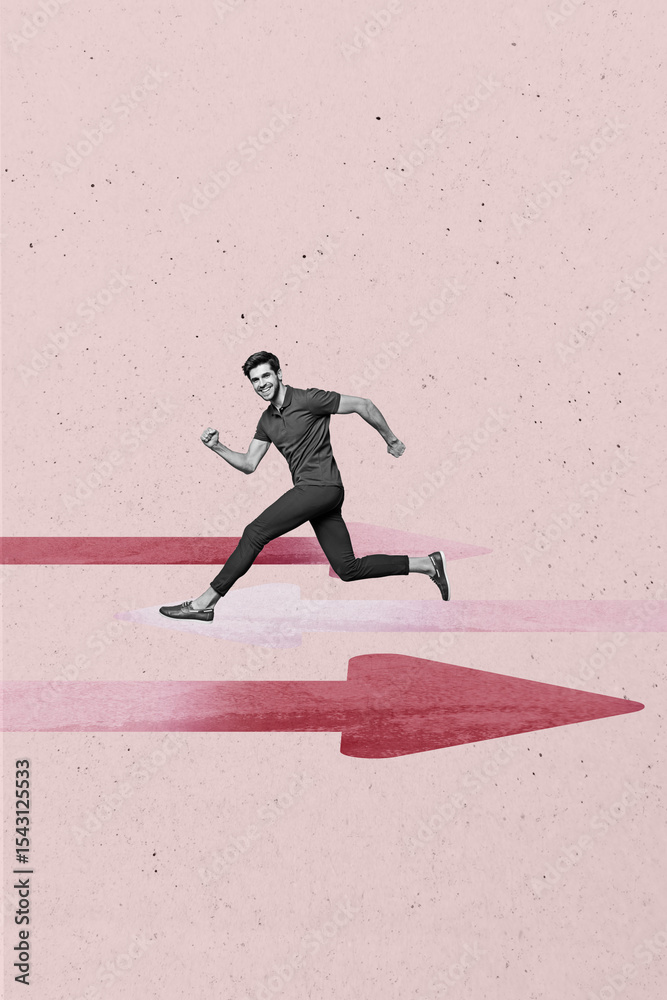 Poster vertical image poster photo collage of happy businessman run arrow development pointer statistics pr