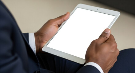 Naklejka premium African American man in suit holding digital tablet with blank white screen for mockup. Businessman showing modern device. Presentation and technology concept.
