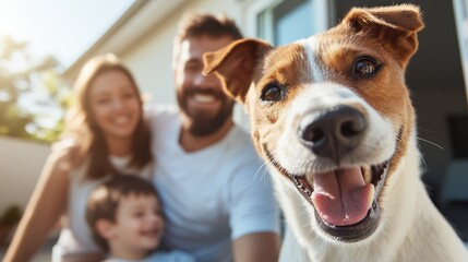 A joyful family poses outdoors with their smiling dog, capturing the warmth of family love and companionship, depicting a moment filled with happiness and connection in nature.