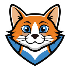 Orange cartoon fox head with blue eyes gazes forward attentively on a white backdrop