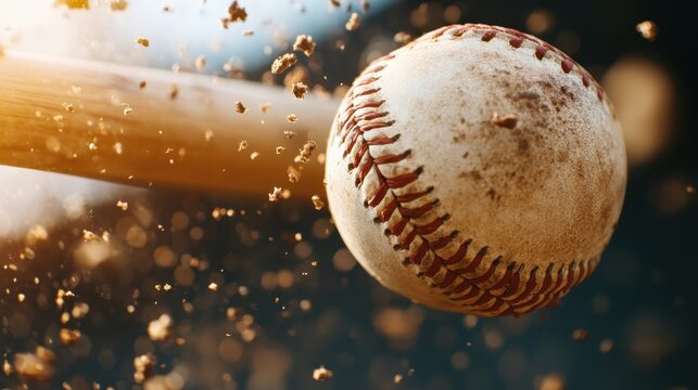 An intense image capturing a baseball colliding with a bat, showcasing the powerful moment of impact with dust and debris flying in the air, symbolizing sport energy.