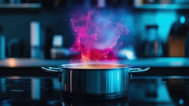 An artistic shot of colorful steam rising from a pot on a modern kitchen stove, evoking creativity in cooking, and showcasing the fusion of culinary art and modern kitchen aesthetics.