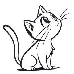 Cartoon monochrome kitty sits attentively gazing upward with curious expression on a white backdrop