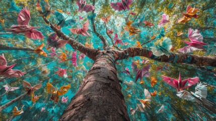 A tree with colorful paper birds in flight.