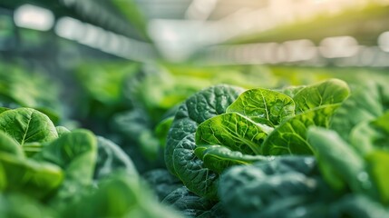 Vibrant spinach leaves bask in sunlight, highlighting their rich green color, evoking freshness and health within a well-tended botanical garden environment.