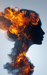 woman silhouette with blazing fire and smoke, double exposure — ideal for conceptual art, mental health themes, book covers, or creative advertising design