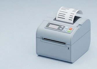 White thermal printer with paper roll. Receipt printing device. Transaction documentation equipment. Point of sale technology.