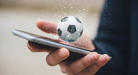 Woman holding smartphone with soccer ball hologram display. Mobile sport betting or online gaming concept for app banners.