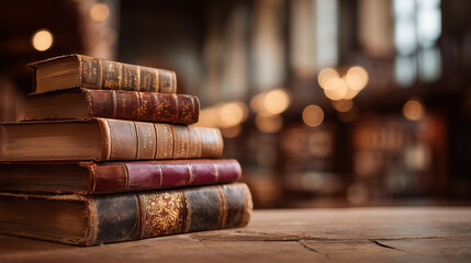 温もりある光に包まれた歴史ある洋書の積み重ね | 美しい光のボケ