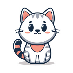 Cartoon kitten with striped tail and grey markings sits upright and looks charming