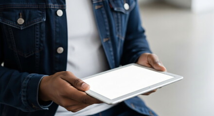 African American man in suit holding digital tablet with blank white screen for mockup. Businessman showing modern device. Presentation and technology concept.