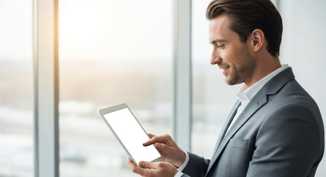 Man using a blank screen tablet with digital touchscreen. Business and technology connection with copy space. Modern office workplace.