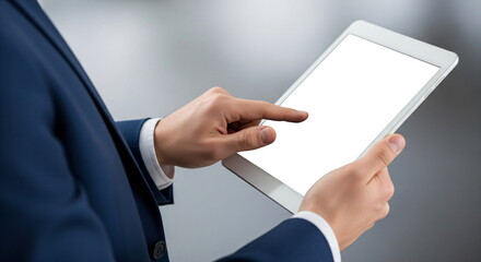 Naklejka premium Man using a blank screen tablet with digital touchscreen. Business and technology connection with copy space. Modern office workplace.